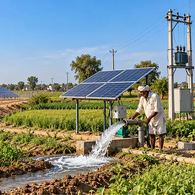 Solar pump installed under the PM-KUSUM scheme on an Indian farm