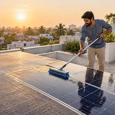Rooftop solar panels being cleaned with a soft brush in India